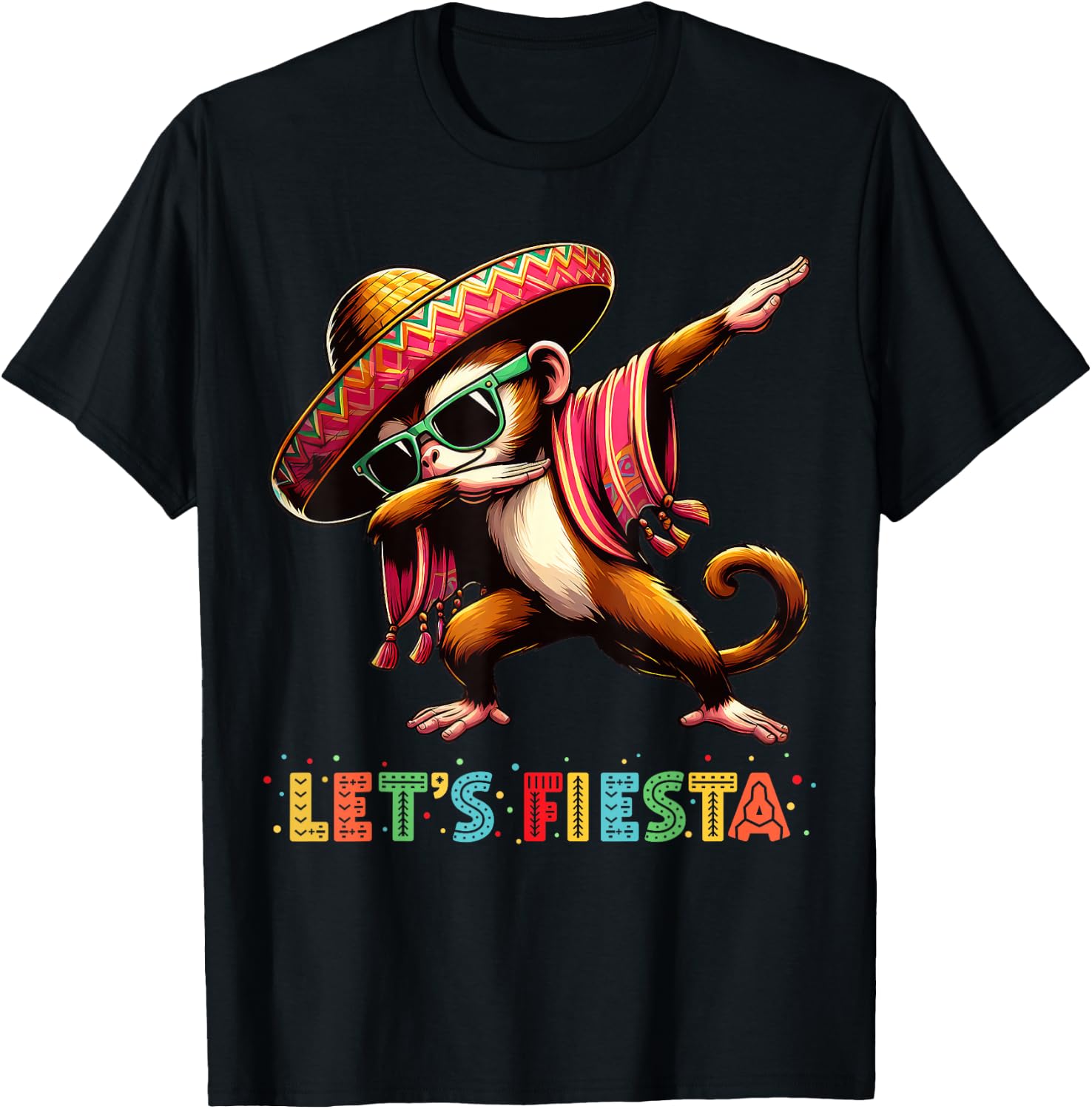 Let's Fiesta Dabbing Monkey Sombrero Poncho Cinco De Mayo T-Shirt - T-Shirt | Black