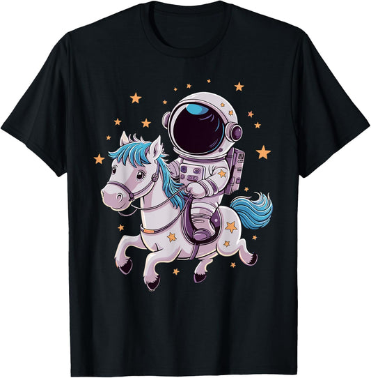 Astronaut Cowboy Riding Horse in Space T-Shirt - T-Shirt | Black