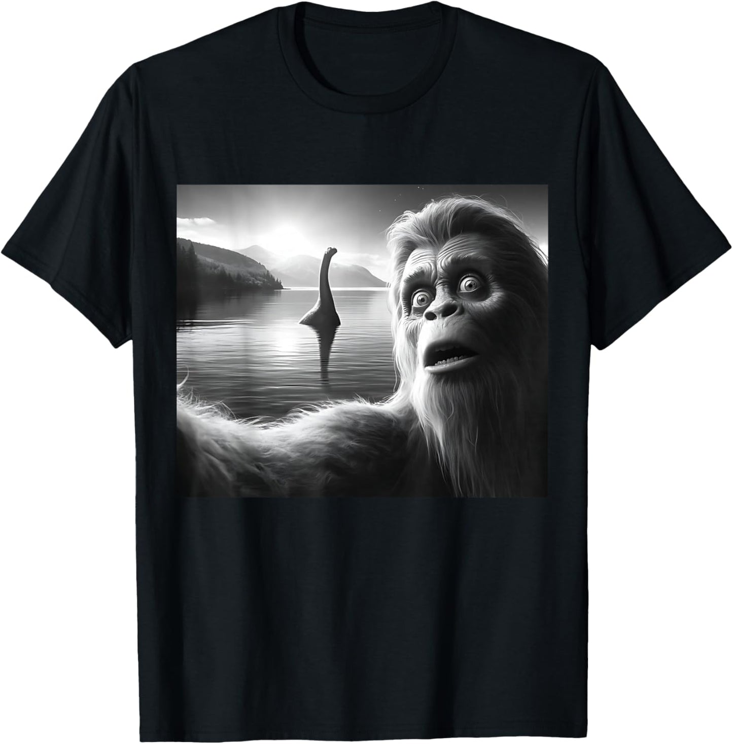 Funny Surprised Squatch Selfie with Loch Ness Monster Nessie T-Shirt - T-Shirt | Black