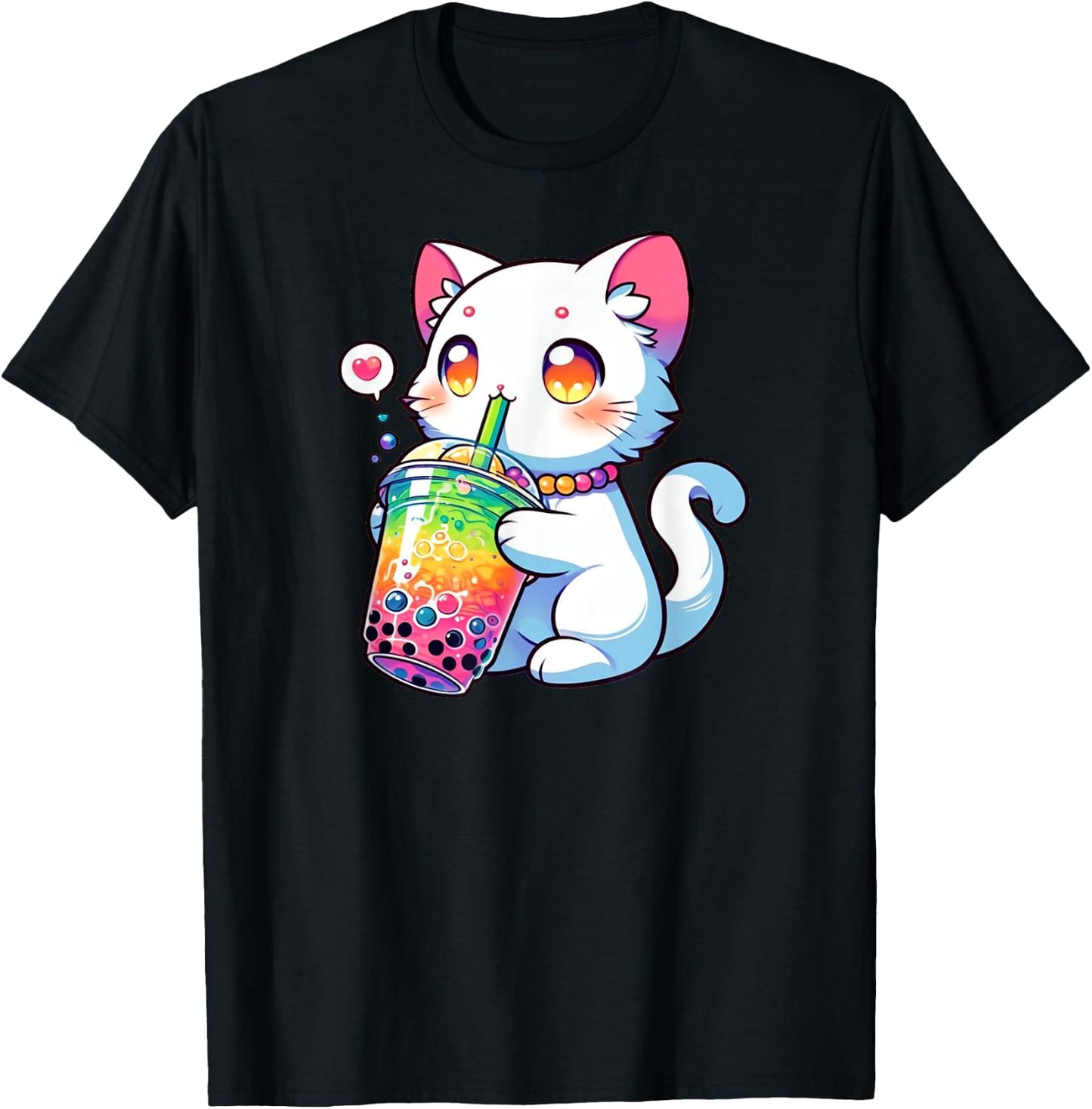 Cute Cat Boba Bubble Tea Rainbow Anime Kawaii Neko Fun T-Shirt - T-Shirt | Black