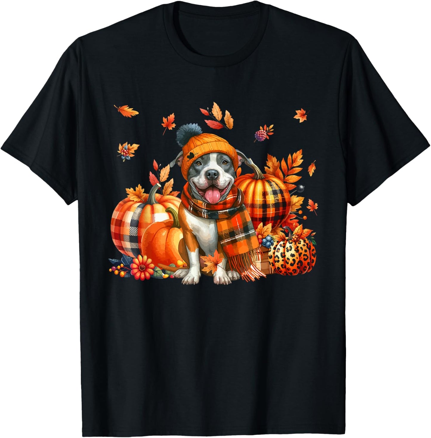 Pit Bull Thanksgiving Leopard Pumpkins Fall Leaves Lover T-Shirt - T-Shirt | Black