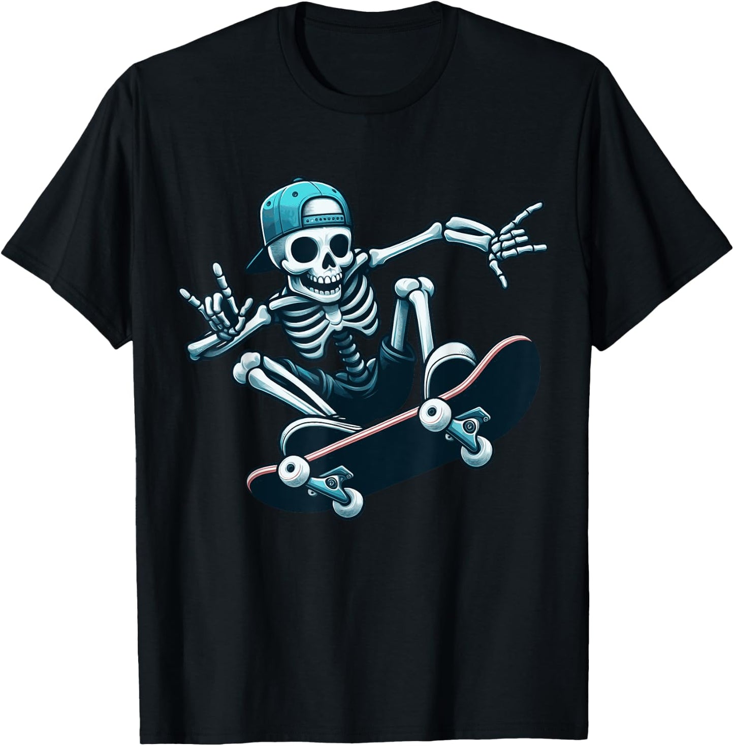Skeleton Skater Trick Skateboard Skull Action Boney Cool Art T-Shirt - T-Shirt | Black