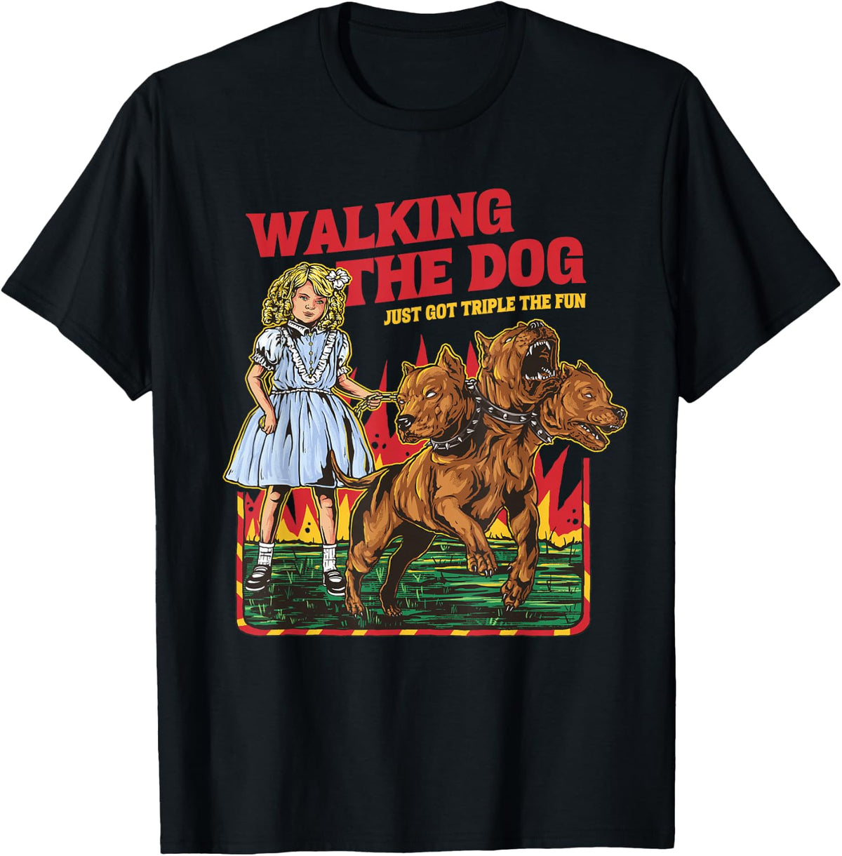 Walking The Dog Cerberus Funny Meme Graphic Vintage Retro T-Shirt - T-Shirt | Black