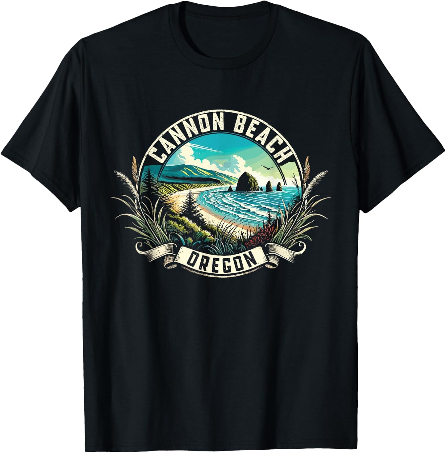 Cannon Beach Watercolor, Cannon Beach Oregon, Cannon Beach T-Shirt - T-Shirt | Black