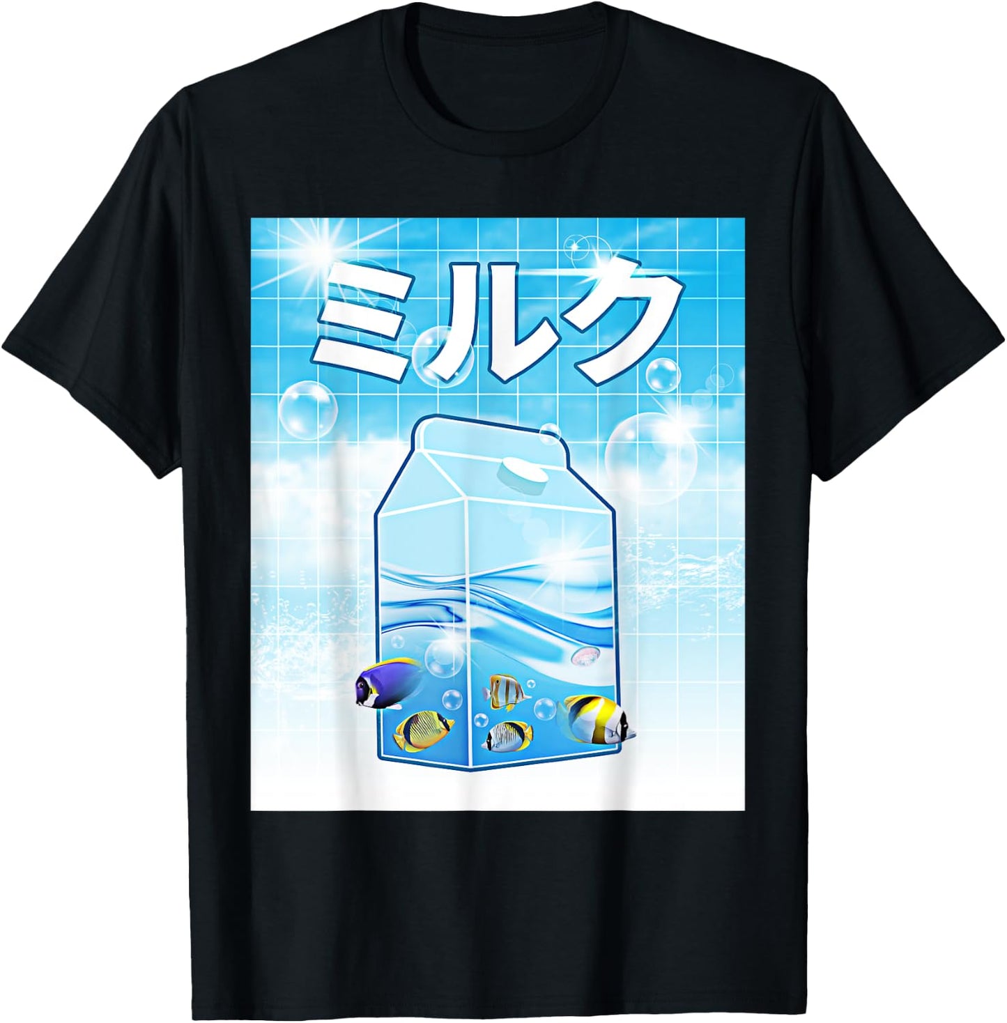 Frutiger Aero Aesthetic Tech Kawaii Milk Underwater Fishes T-Shirt - T-Shirt | Black