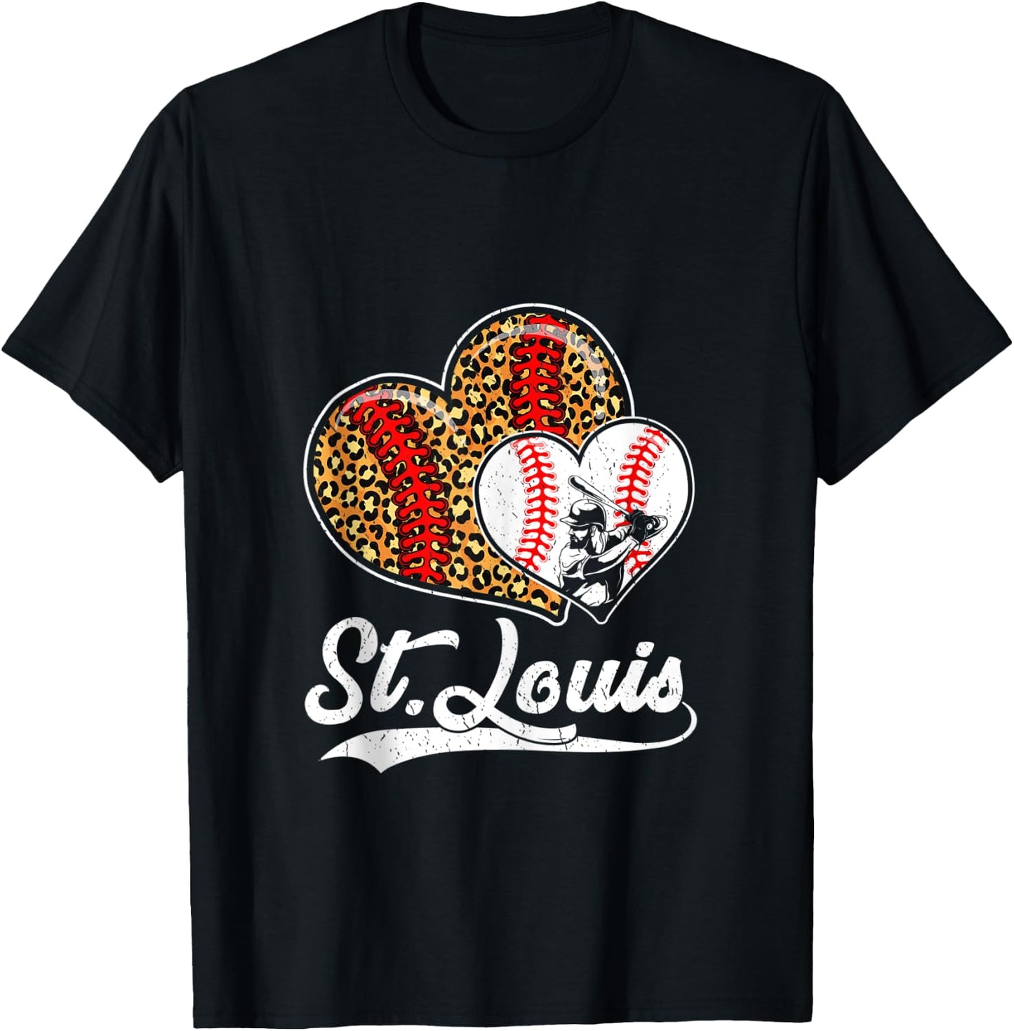 Vintage St Louis Baseball Leopard Hearts Baseball Lover T-Shirt - T-Shirt | Black