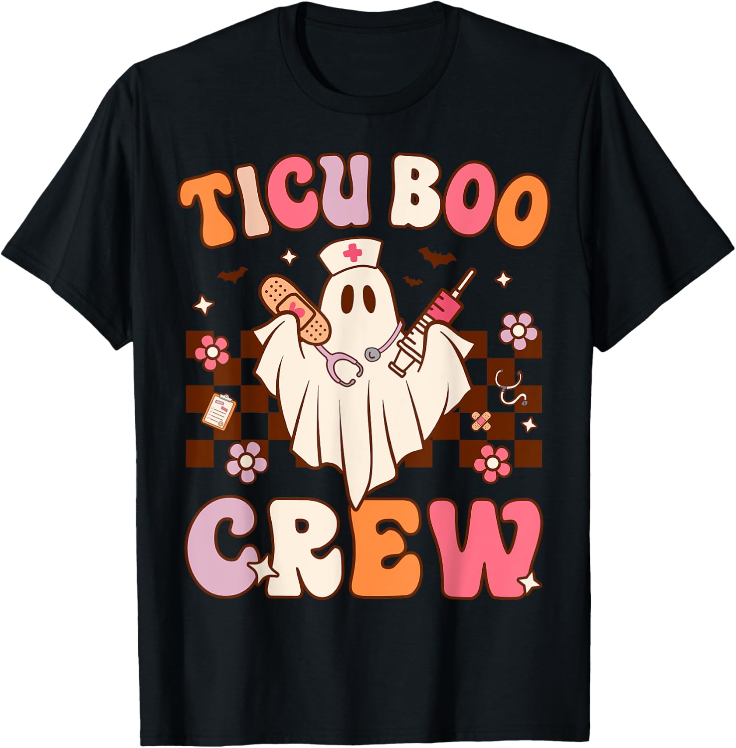 Boo Crew Funny Nursing Ghost Women TICU Nurse Halloween T-Shirt - T-Shirt | Black