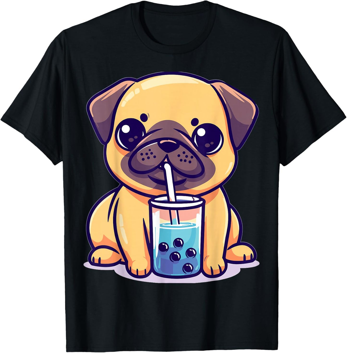 Kawaii Pug Puggy Dog Drinking Bubble Tea Boba Anime T-Shirt - T-Shirt | Black