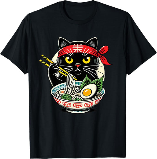 Cat Eating Ramen Noodles, Japanese Anime & Kawaii, Black Cat T-Shirt - T-Shirt | Black
