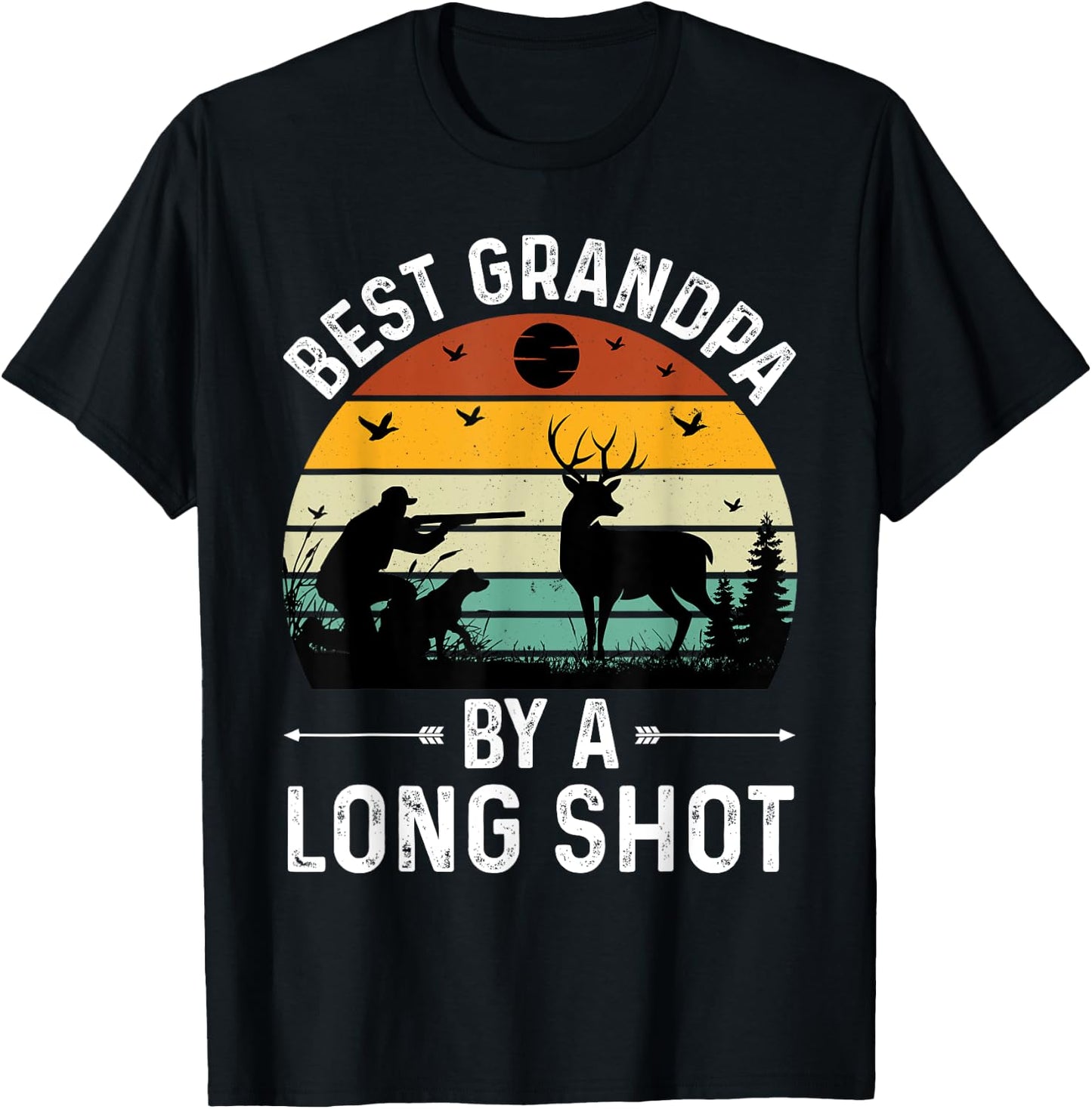 Best Grandpa By a Long Shot Hunting Fathers Day Retro Sunset T-Shirt - T-Shirt | Black