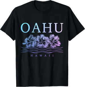 Oahu Hawaii Hawaiian Hibiscus Flowers Surfer Souvenir T-Shirt - T-Shirt | Black