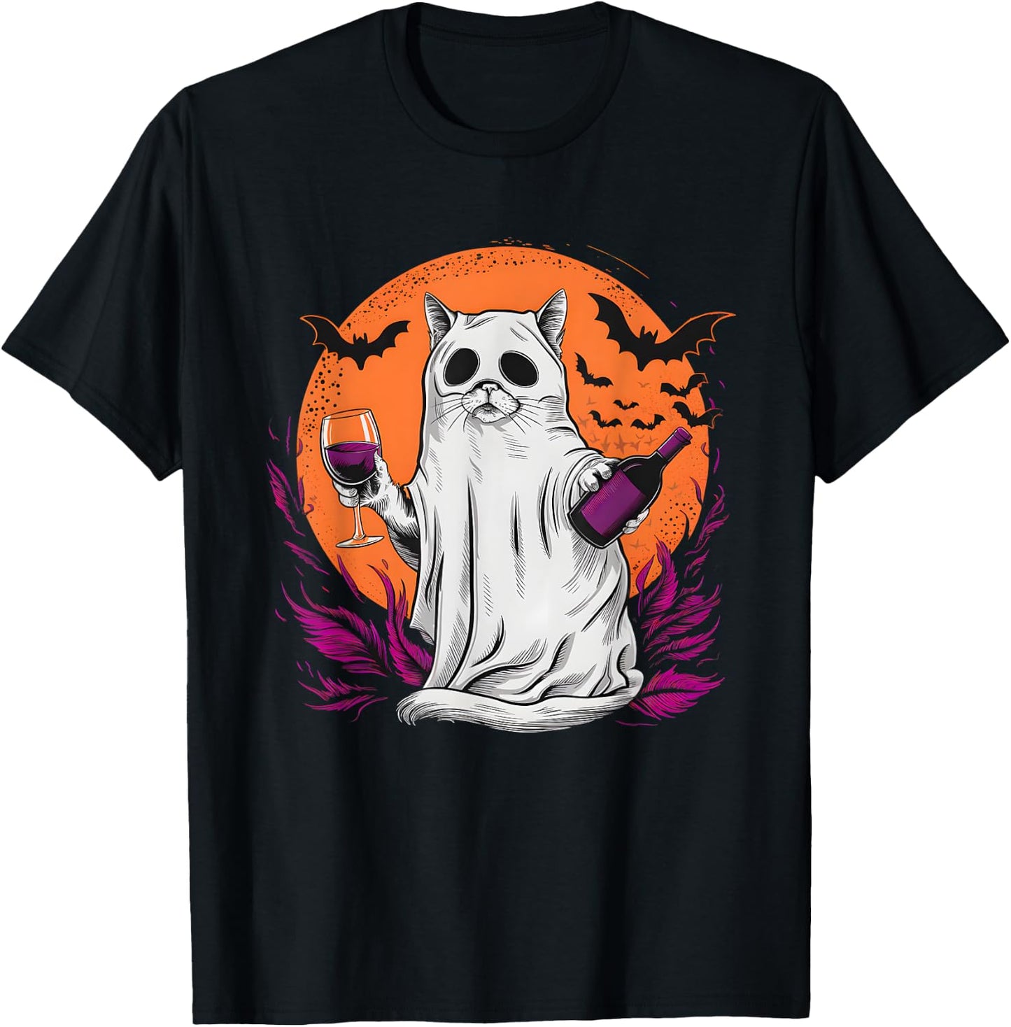Halloween Ghost Cat Holding Wine Glass T-Shirt - T-Shirt | Black