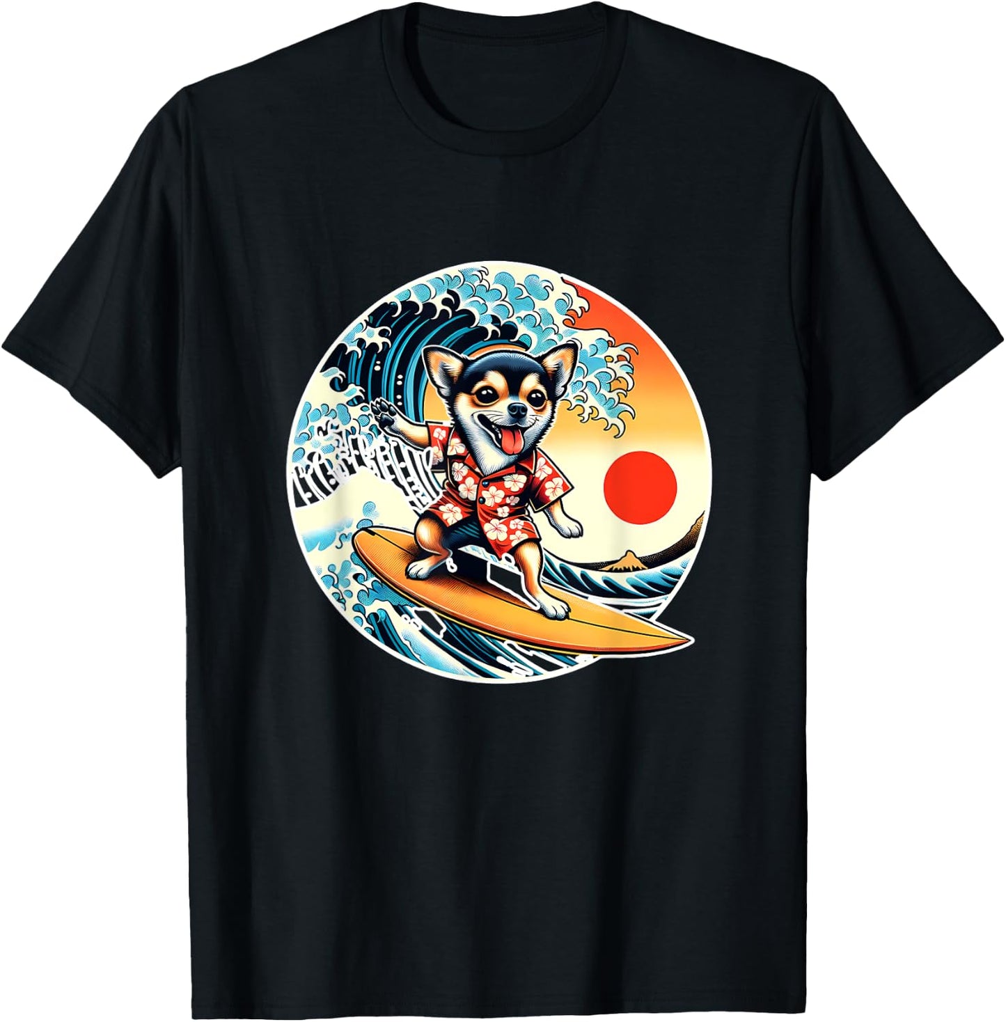 Great Wave Kanagawa Chihuahua dog Surfing T-Shirt - T-Shirt | Black