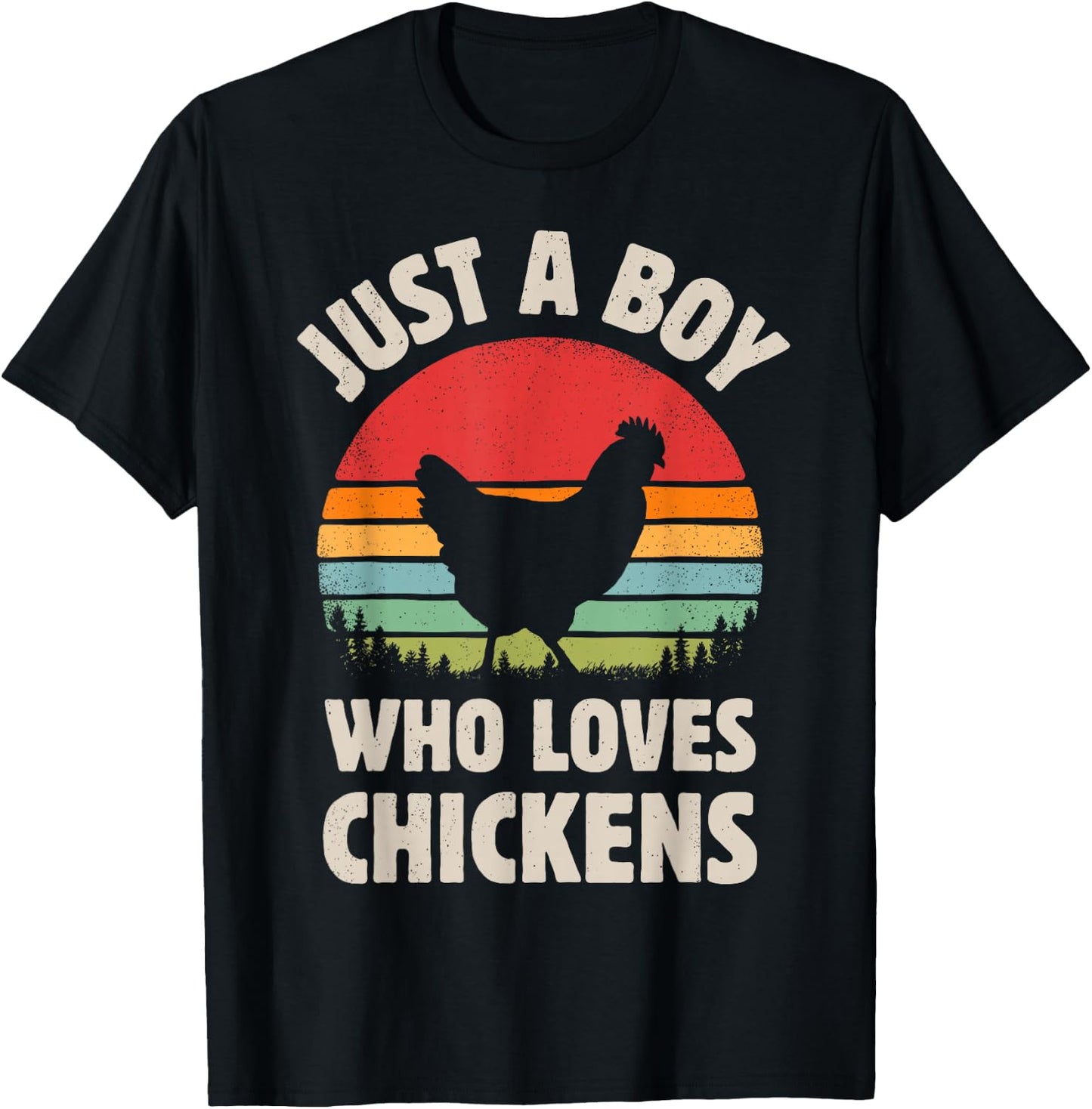 Chicken Just A Boy Who Loves Retro Farm Animal Farmer Sunset T-Shirt - T-Shirt | Black