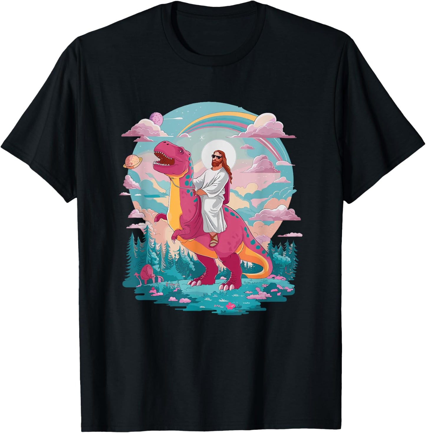 Funny Jesus Riding T-Rex Dinosaur Meme Parody for Believers T-Shirt - T-Shirt | Black
