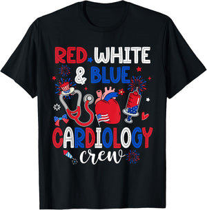 Red White & Blue Cardiology Crew Cardiac Tech 4th Of July Women Men T-Shirt - T-Shirt | Black