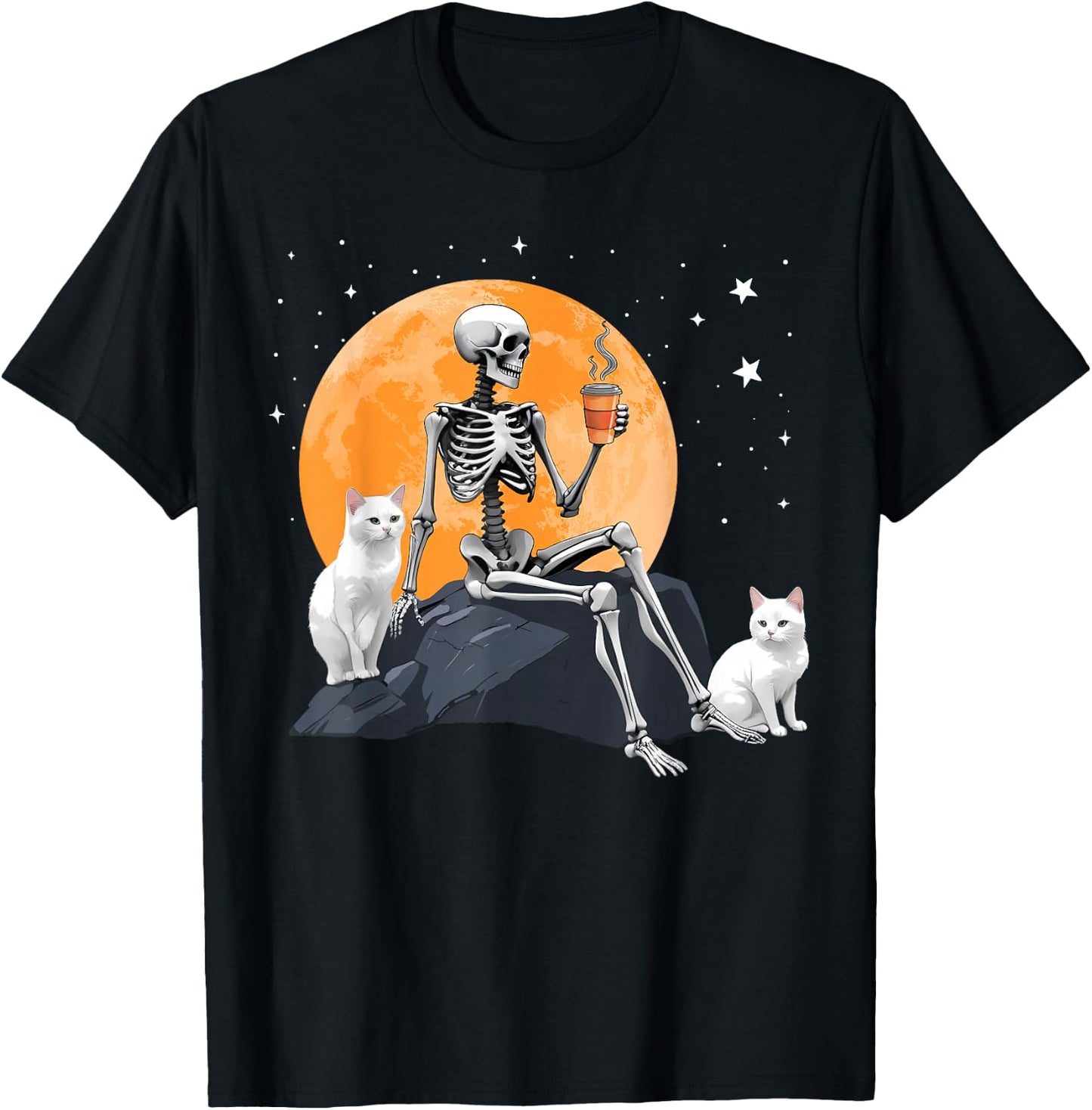 Cute Cat Kitten And Skeleton Drinking Coffee Halloween T-Shirt - T-Shirt | Black