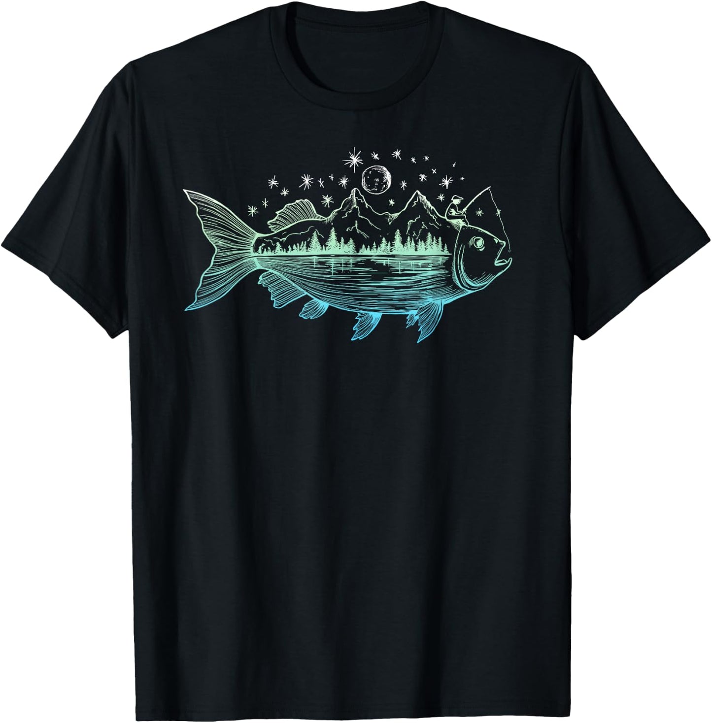 Cool Fish Shaped from Mountains Nature Scene Fishing T-Shirt - T-Shirt | Black