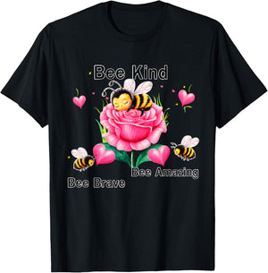 BumbleBee Bee Kind Positive Buble Bee Flowers Rose T-Shirt - T-Shirt | Black