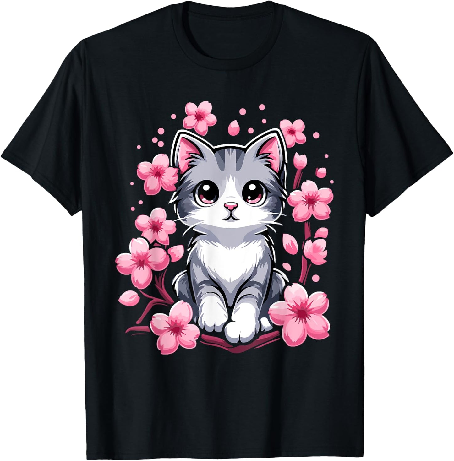 Cute Cherry Blossom Cat Kitten Men Women Girls Kids T-Shirt - T-Shirt | Black