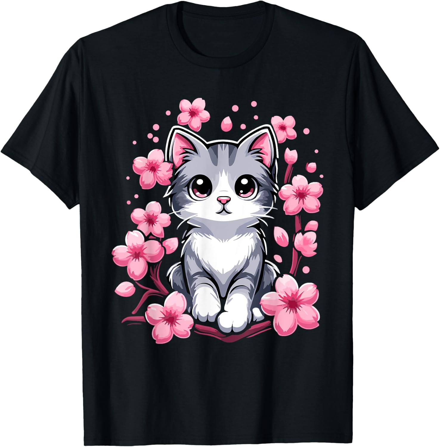 Cute Cherry Blossom Cat Kitten Men Women Girls Kids T-Shirt - T-Shirt | Black