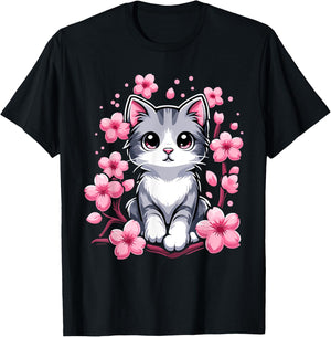 Cute Cherry Blossom Cat Kitten Men Women Girls Kids T-Shirt - T-Shirt | Black
