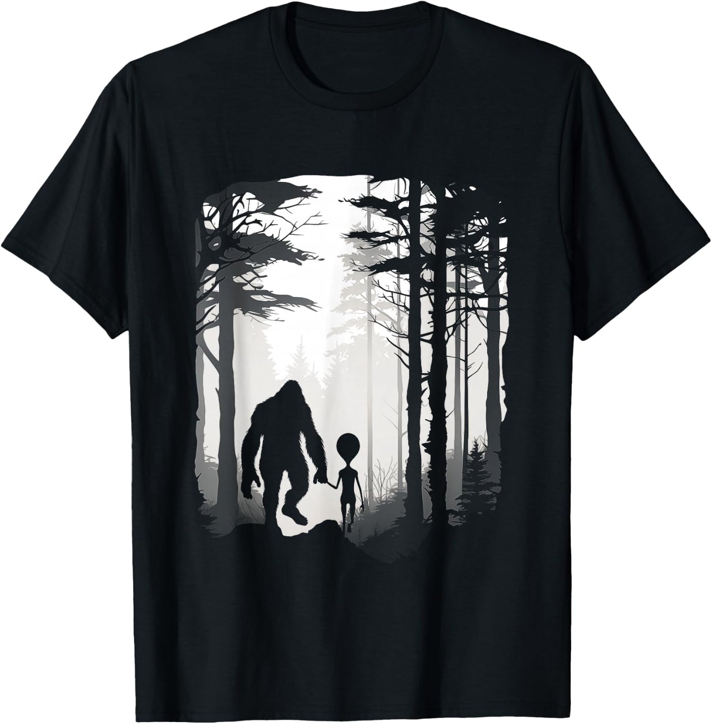 Funny Bigfoot Alien Holding Hands Foggy Forest Walk T-Shirt - T-Shirt | Black