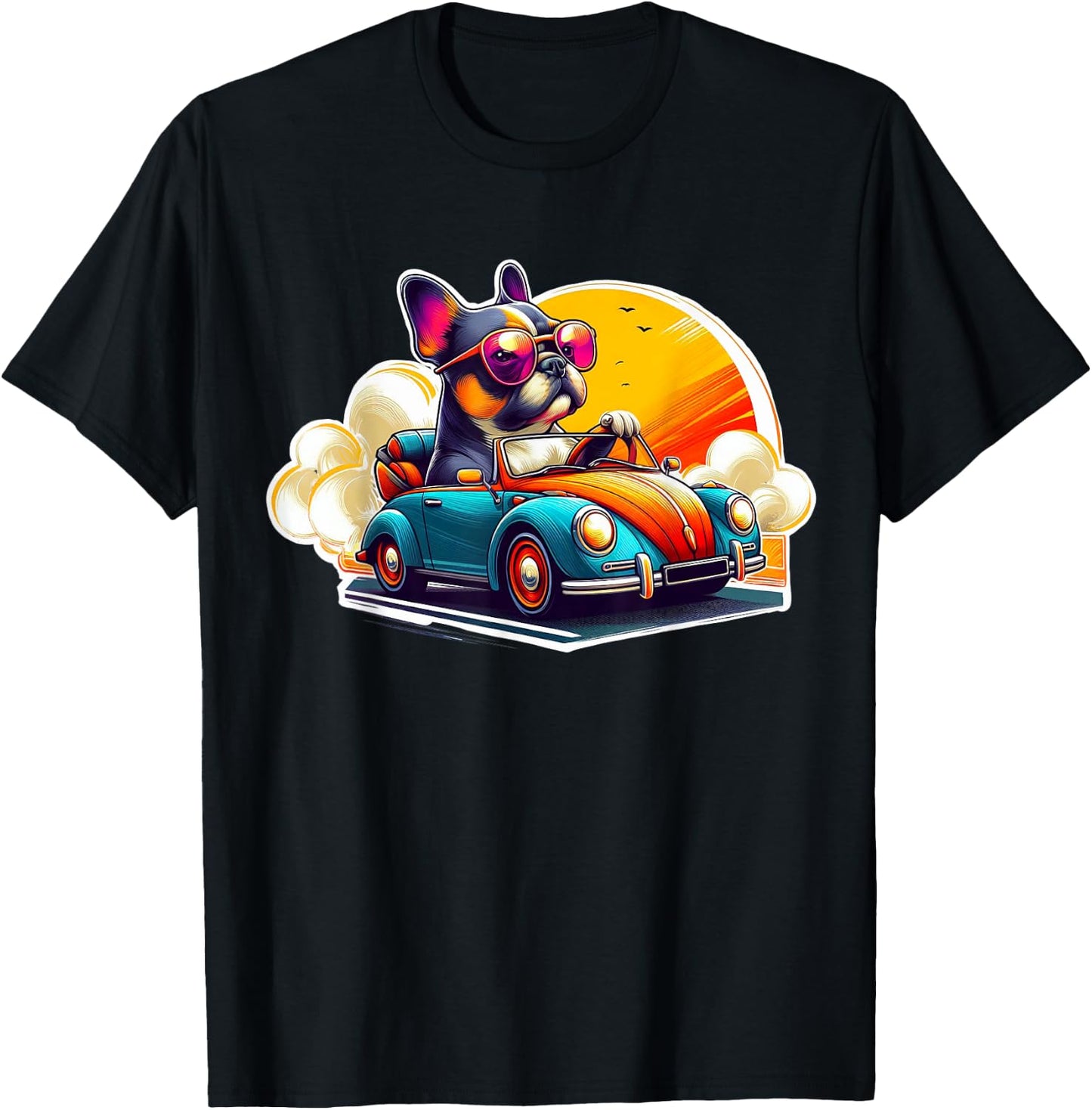 French Bulldog Driving Retro Convertible Car - Frenchie Gift T-Shirt - T-Shirt | Black
