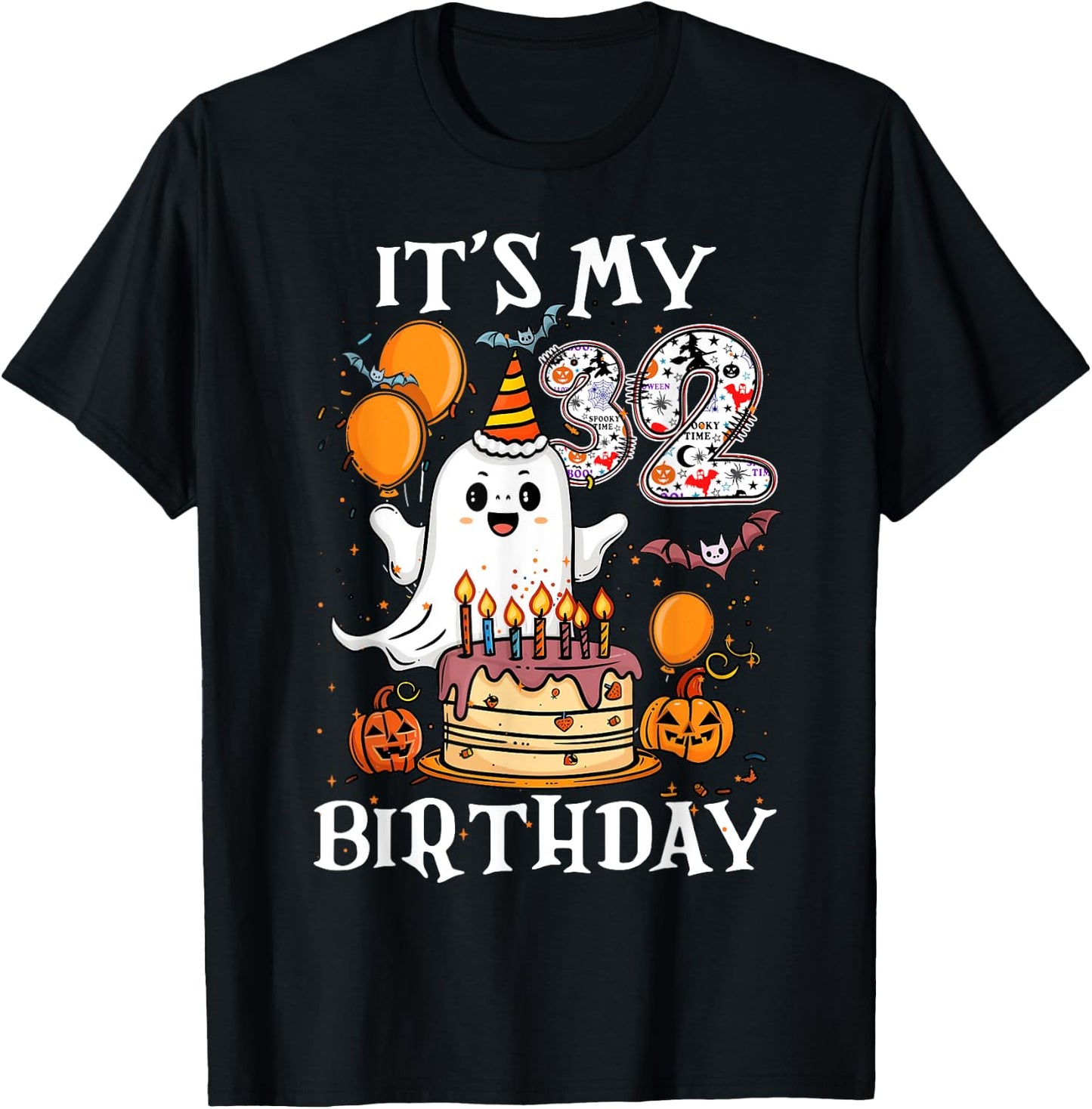 Boo It's My 32nd Birthday Halloween Ghost 32 Years Old B-day T-Shirt - T-Shirt | Black