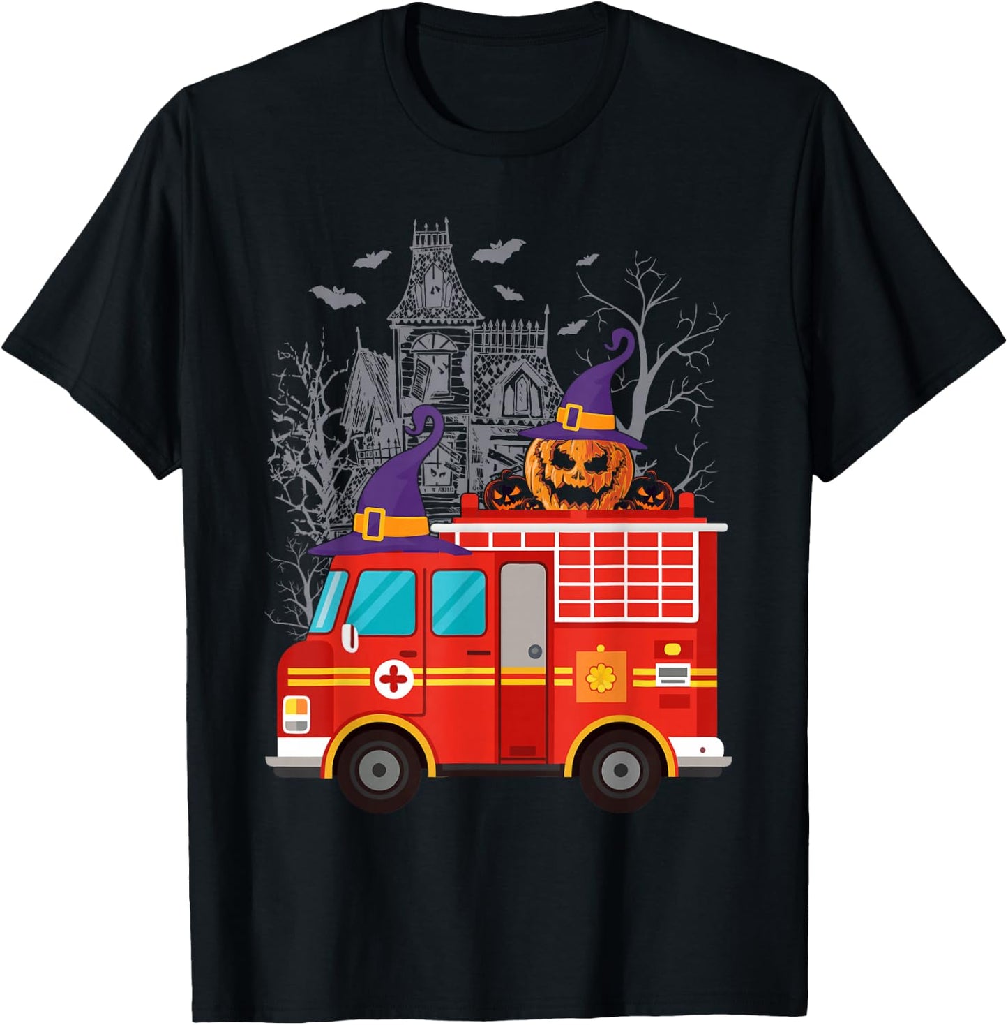 Kids Firetruck Pumpkin Firefighter Toddler Boys Halloween T-Shirt - T-Shirt | Black