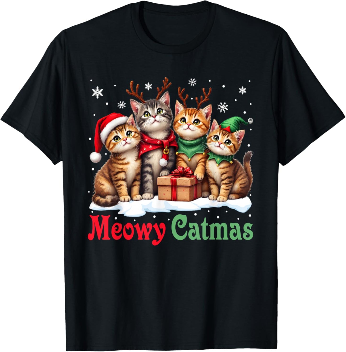 Cat Christmas Pajamas Men Women Boys Girls Meowy Catmas T-Shirt - T-Shirt | Black