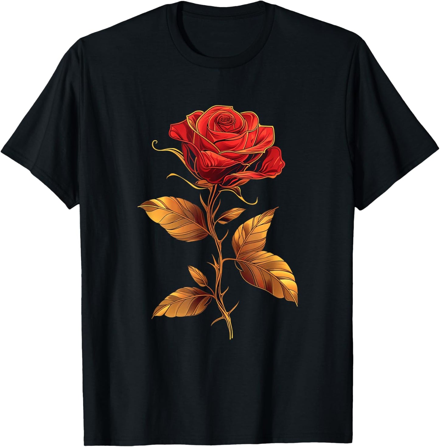 Deep Red Rose Black And Gold Graphic Men Women T-Shirt - T-Shirt | Black