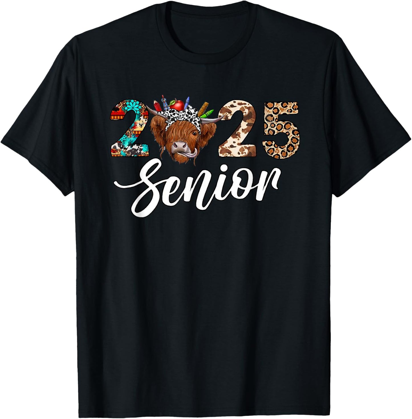 Senior 2025 Highland Cow Western Themed Back To School T-Shirt - T-Shirt | Black