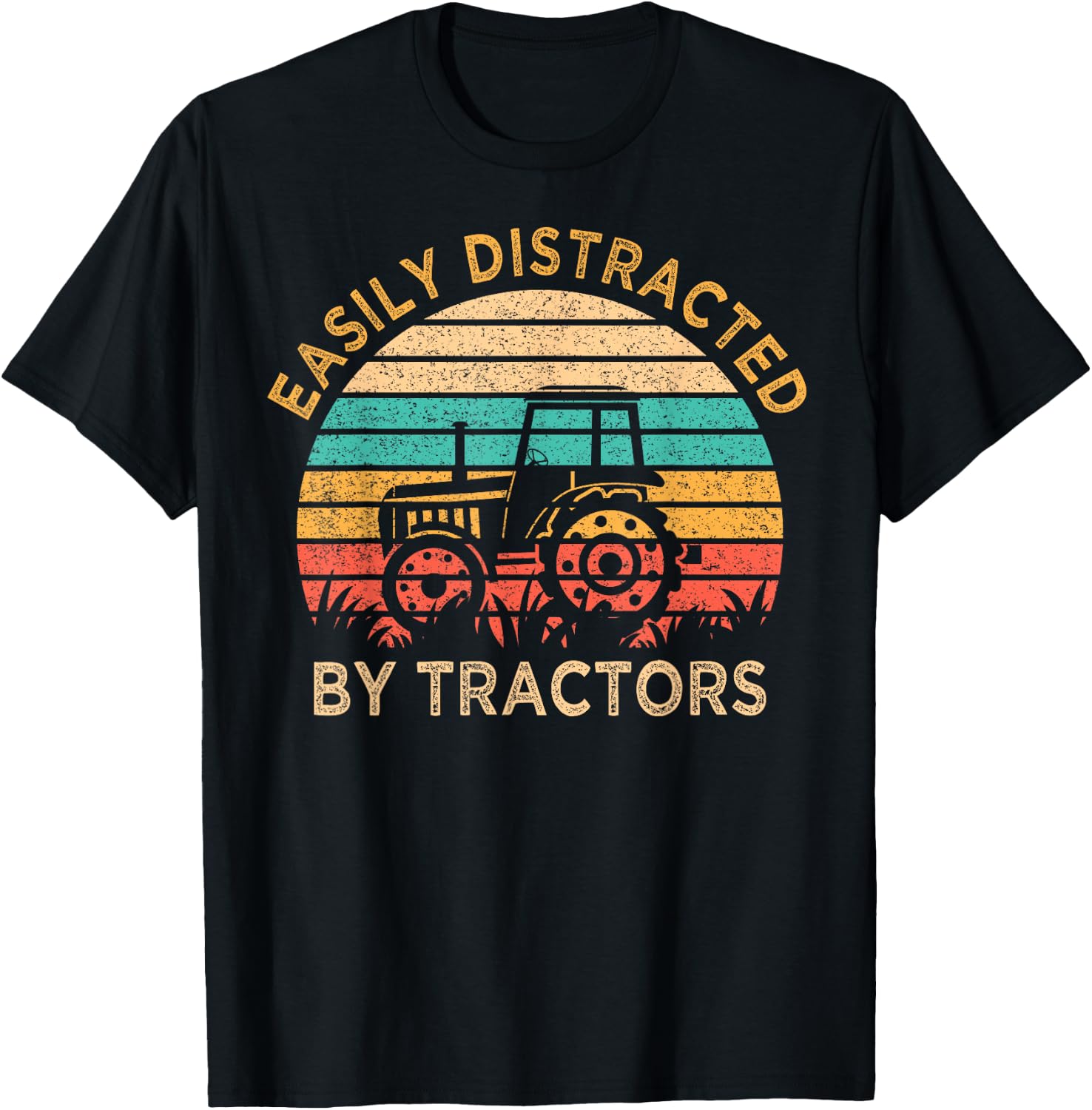 Vintage Easily Distracted By Tractors Funny Farming T-Shirt - T-Shirt | Black