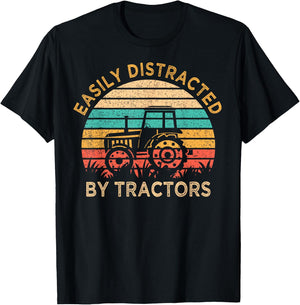 Vintage Easily Distracted By Tractors Funny Farming T-Shirt - T-Shirt | Black