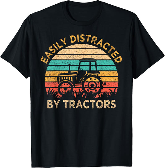Vintage Easily Distracted By Tractors Funny Farming T-Shirt - T-Shirt | Black