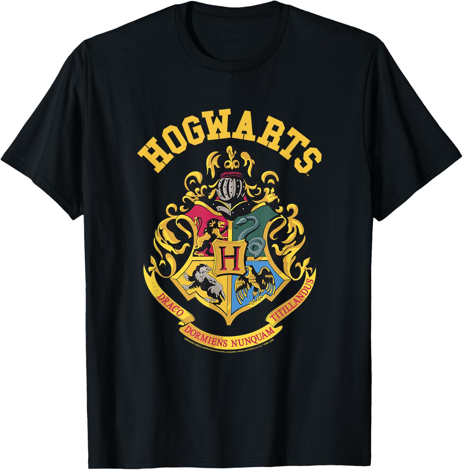 Popfunk Harry Potter Hogwarts Logo - Men's -Adults Black Small Classic Fit Short Sleeve Cotton 65% Polyester 35% T-Shirt - T-Shirt | Black