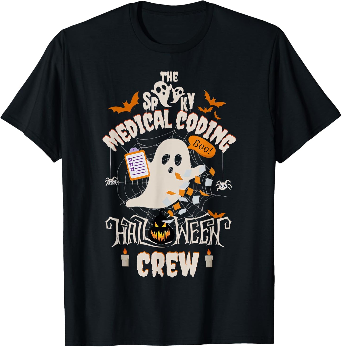 Ghost Spooky Medical Coding Crew Halloween Student Coder T-Shirt - T-Shirt | Black