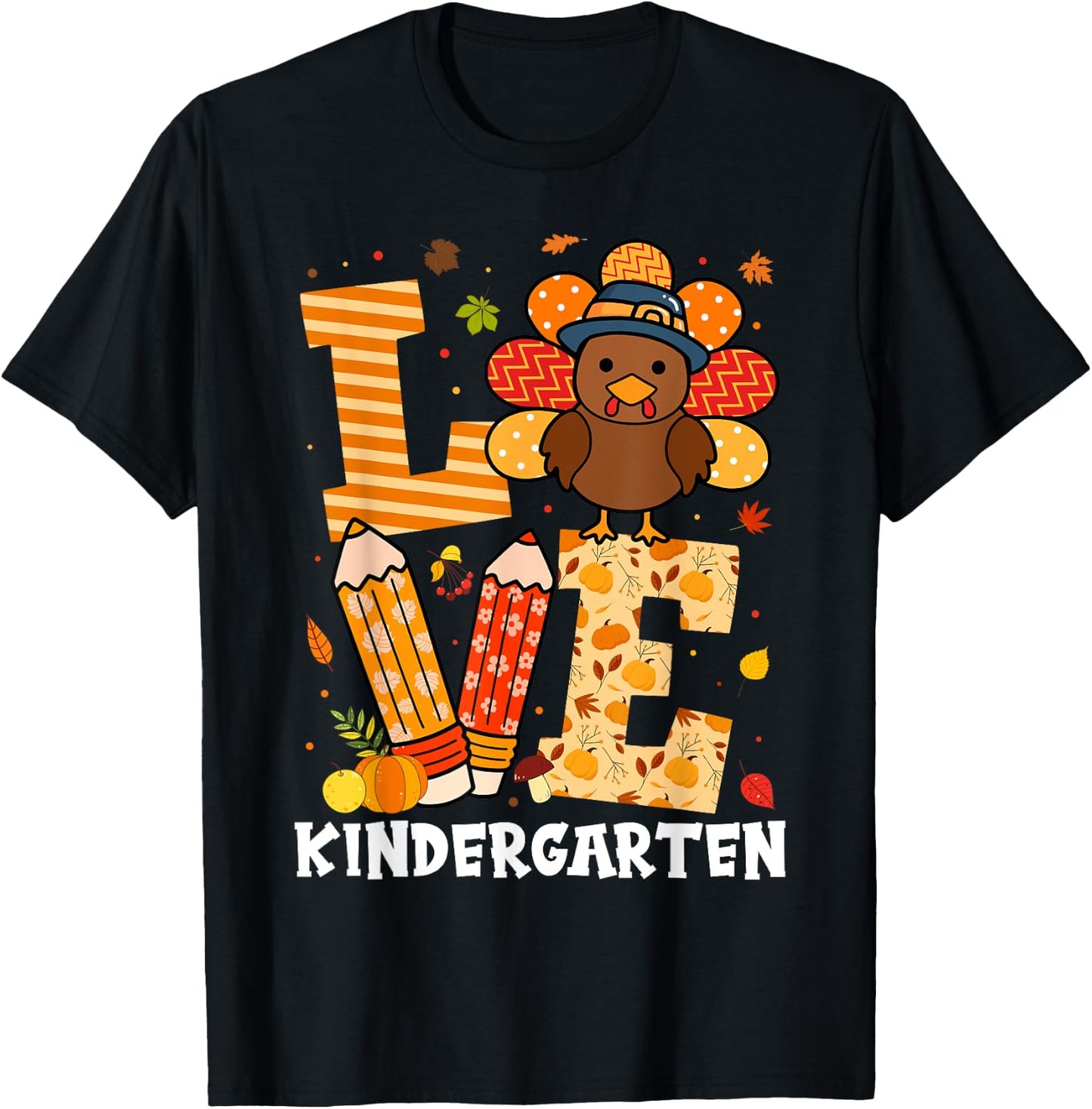 Thanksgiving Love Kindergarten Teacher Turkey Autumn Fall T-Shirt - T-Shirt | Black