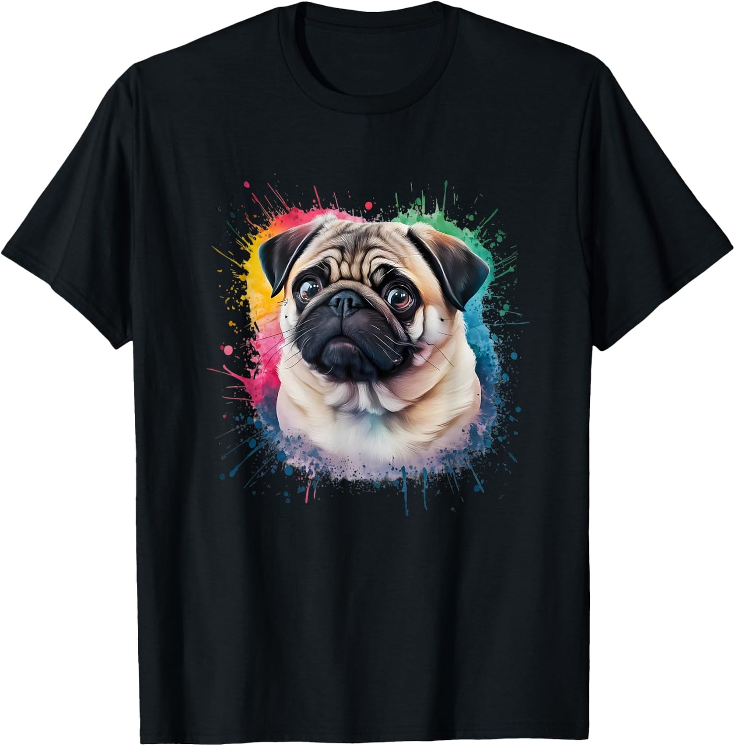 Men Woman Colorful Watercolor Pug T-Shirt - T-Shirt | Black