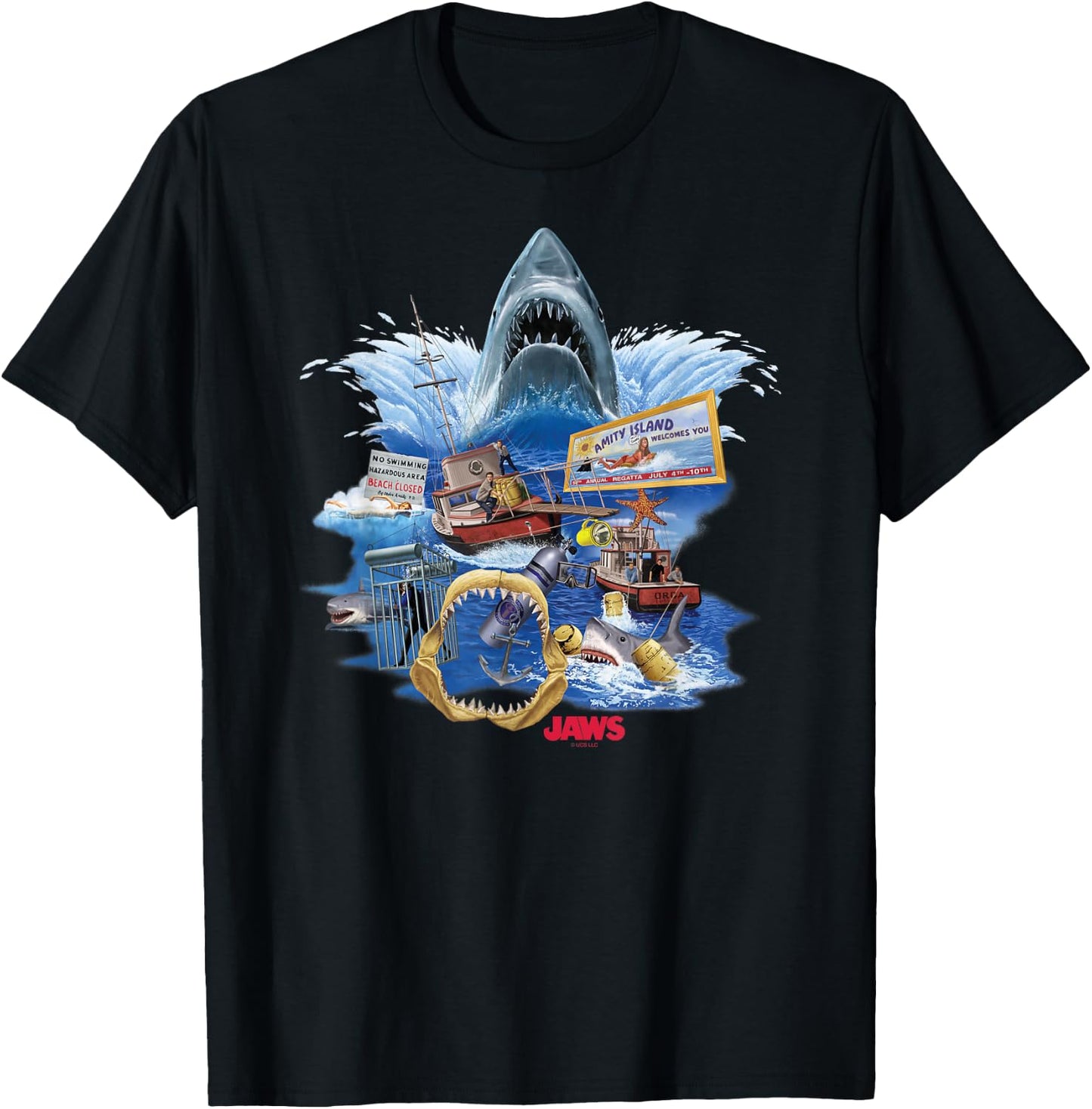 Jaws Poster Collage , Small, Black T-Shirt - T-Shirt | Black