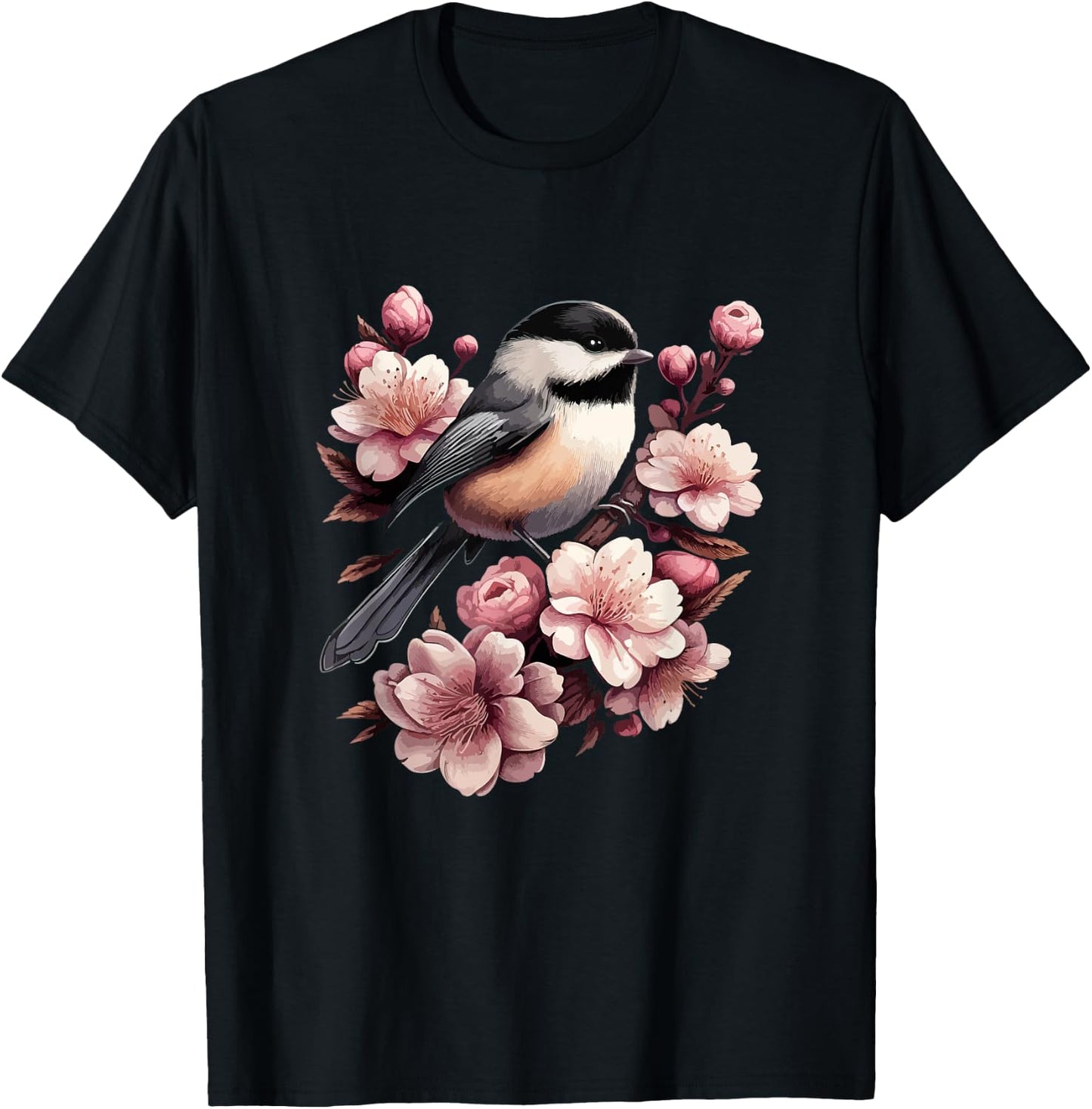 Chickadee Blossom Spring Birdwatching Bird Lover Cute T-Shirt - T-Shirt | Black