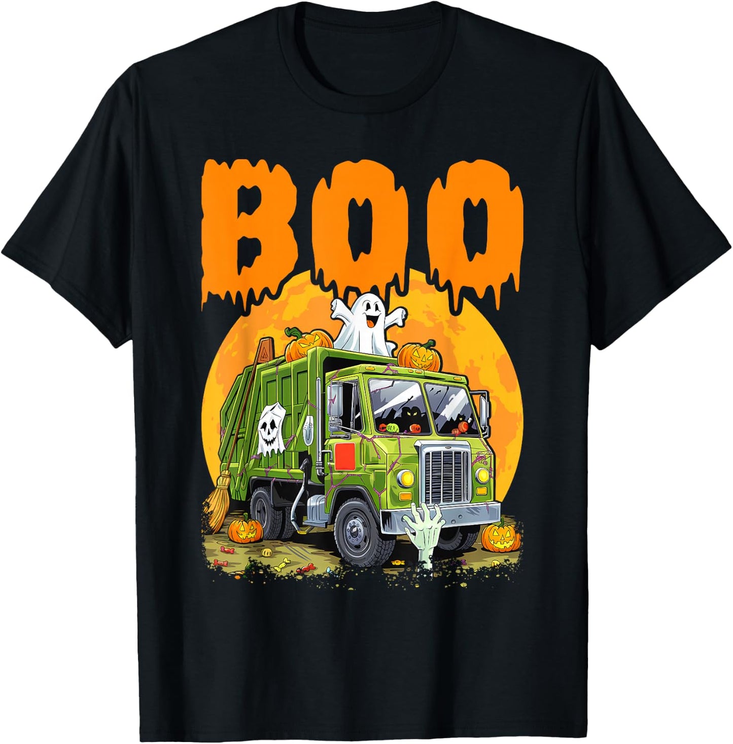 Ghost Driving Garbage Truck With Candy Bag Carved Pumpkin T-Shirt - T-Shirt | Black