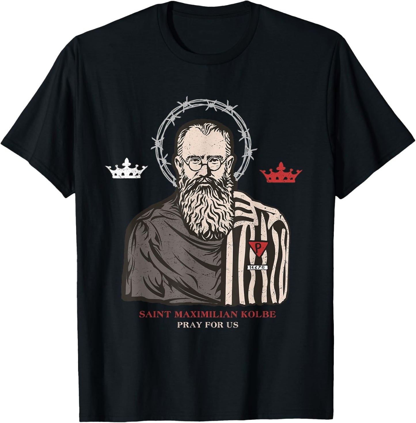 St Maximilian Kolbe Two Crowns Catholic Saint T-Shirt - T-Shirt | Black