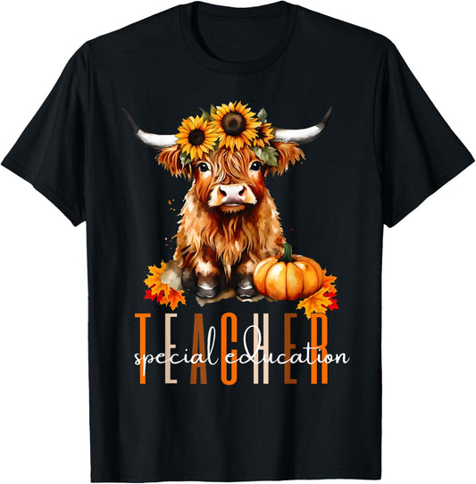 Fall Highland Cow Special Education Teacher Halloween Autumn Women T-Shirt - T-Shirt | Black