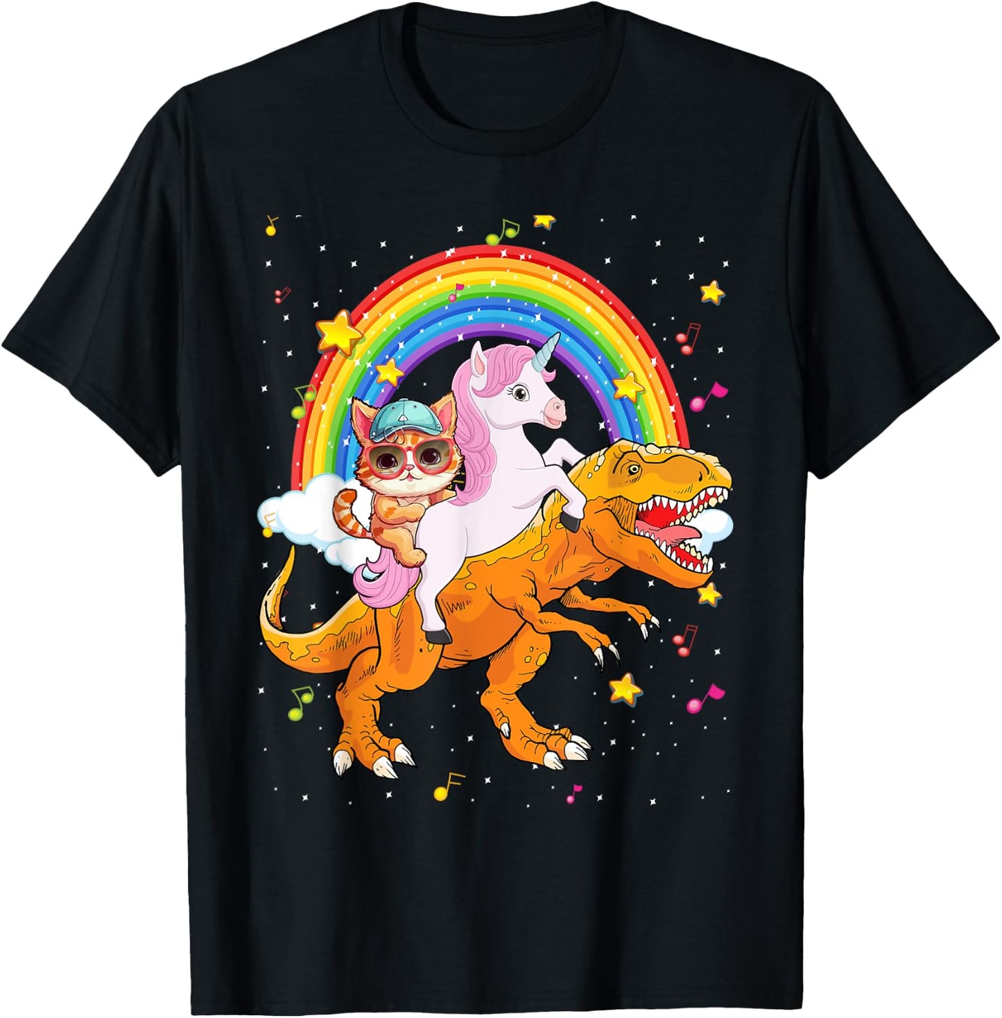 Cat Unicorn Riding Dinosaur T rex Kitten Lover Space Galaxy T-Shirt - T-Shirt | Black