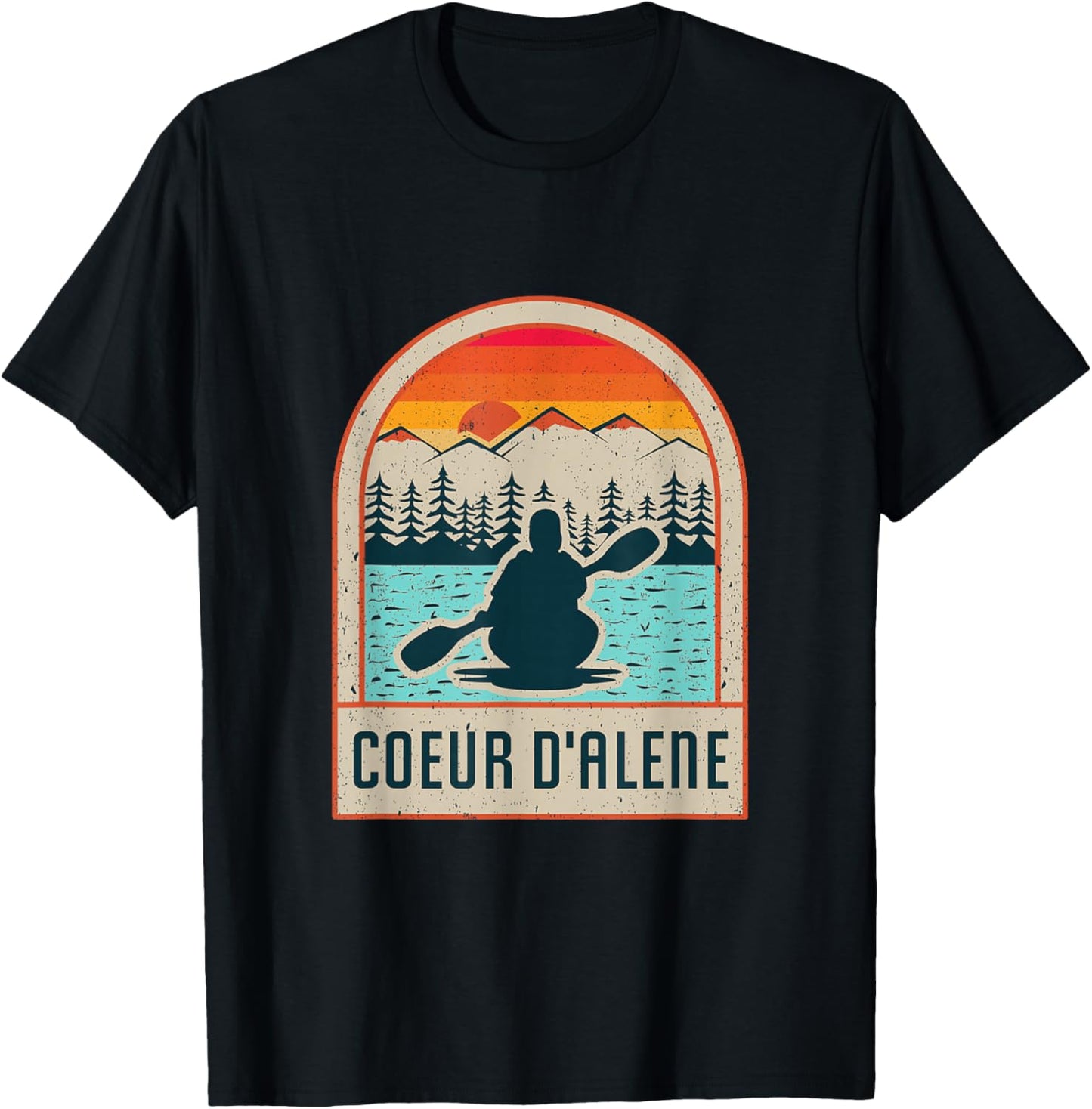 Vintage Sunset Lake Coeur d'Alene Idaho Kayaking Paddle T-Shirt - T-Shirt | Black