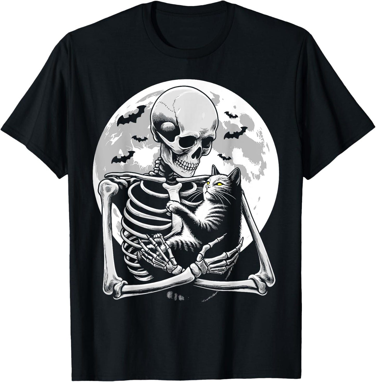 Cat skeleton Halloween skull skeleton holding cat Kitty moon Men Women Kids T-Shirt - T-Shirt | Black