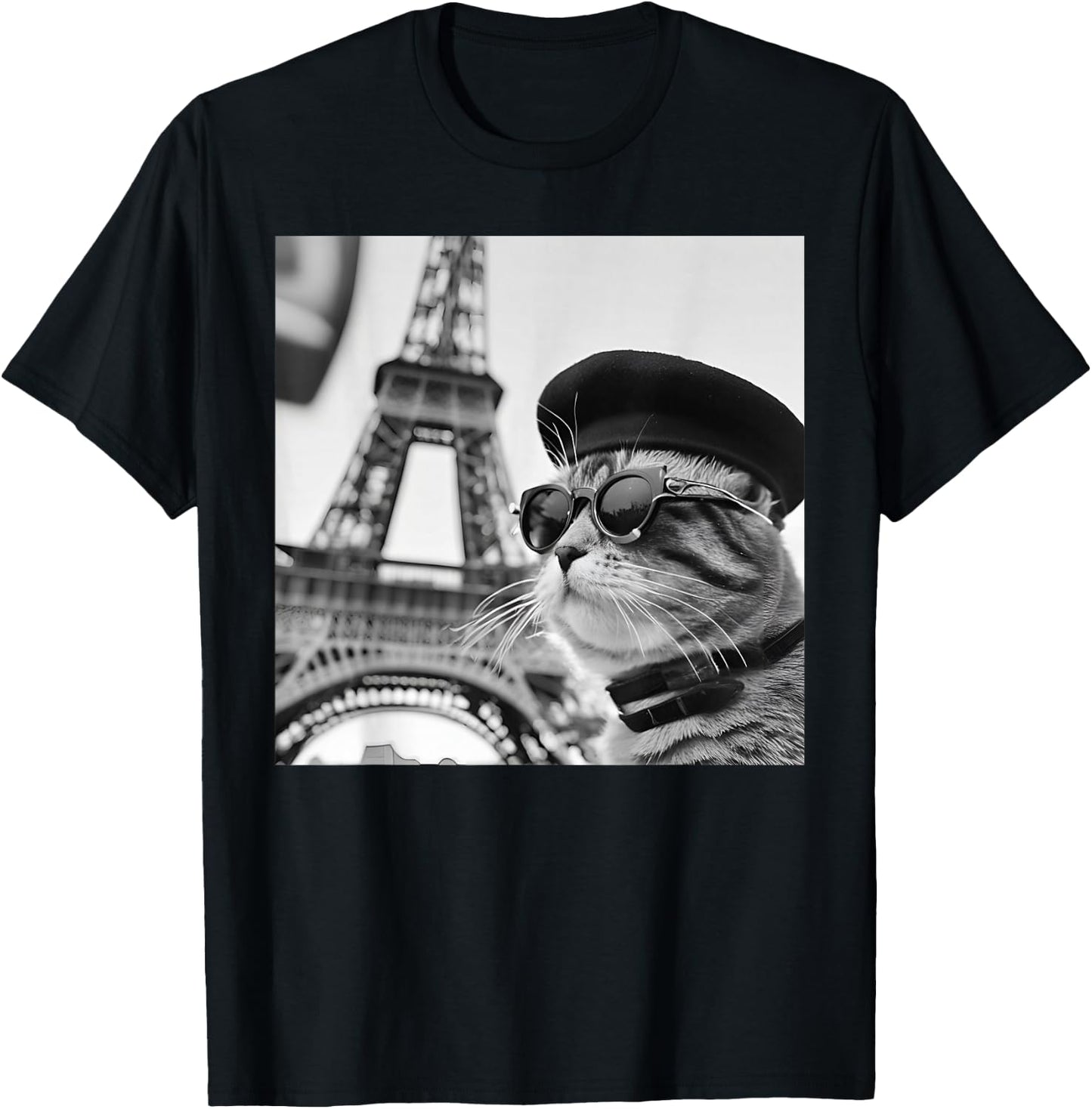 Funny Cat Wearing Sunglasses and A Beret At The Eiffel Tower T-Shirt - T-Shirt | Black
