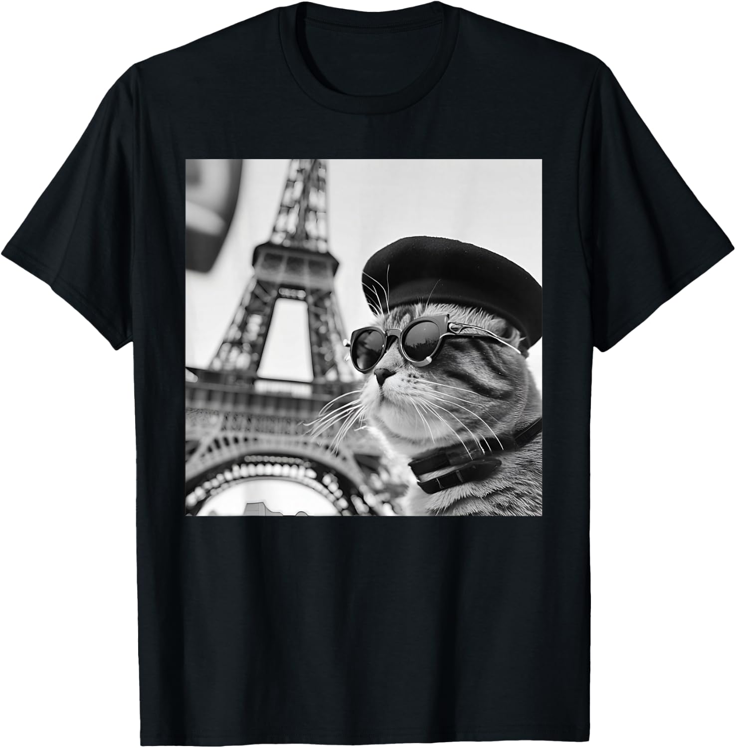 Funny Cat Wearing Sunglasses and A Beret At The Eiffel Tower T-Shirt - T-Shirt | Black